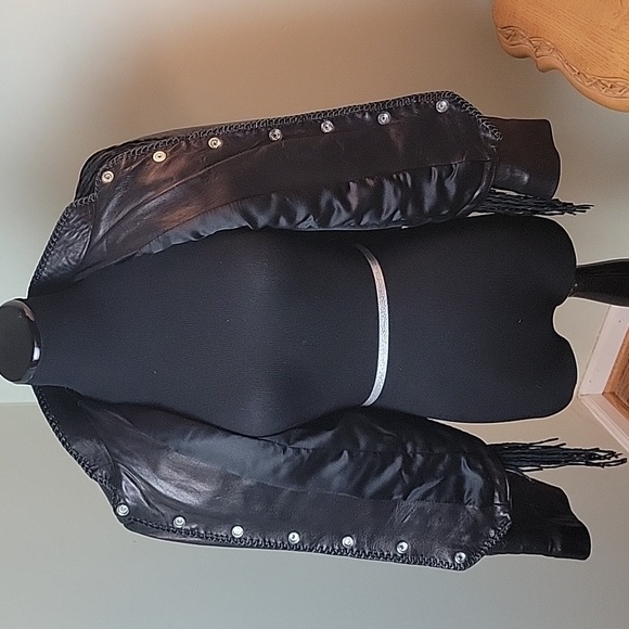 Vintage Beaded, fringe, Western black leather jacket - Picture 9 of 13